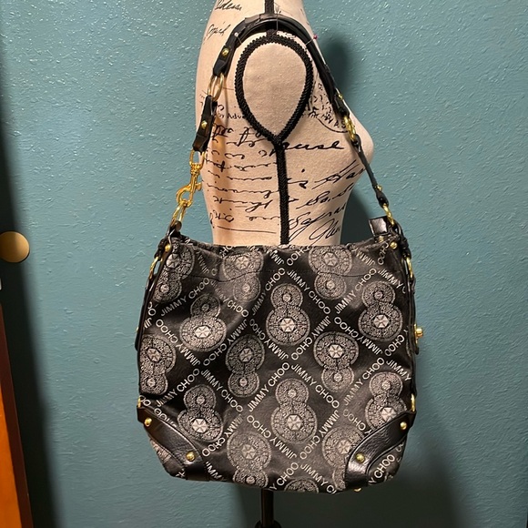 Fake designer black & gray logo w/gold metal accent studs, shoulder purse - Picture 1 of 15